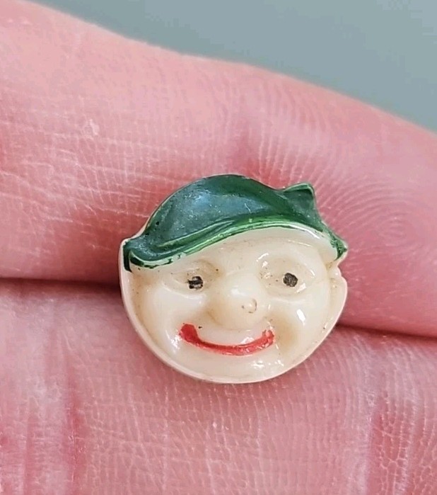 Antique Mecki Hedgehog With Green Hat Glass Button. 1/2″ In Size