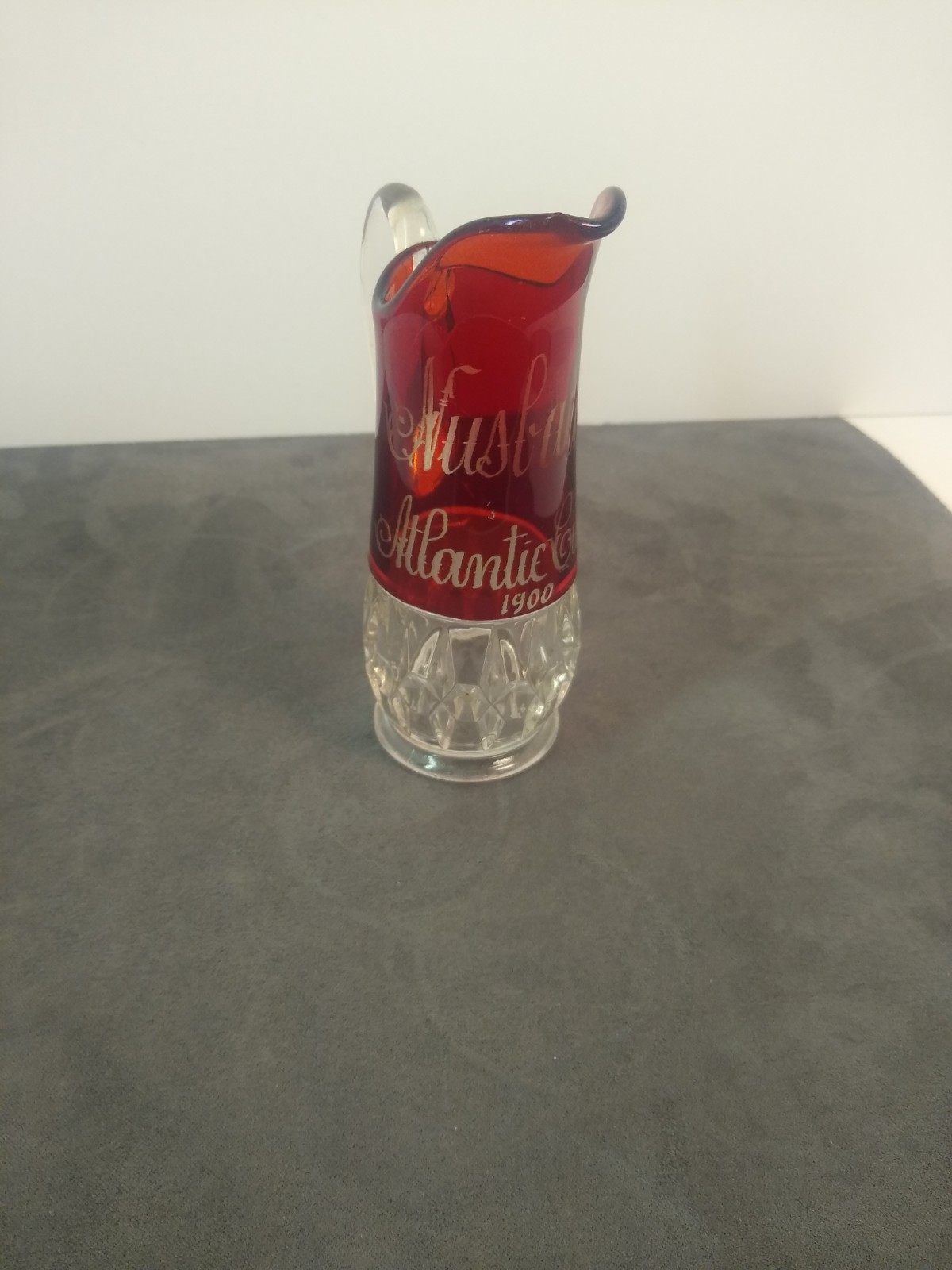 Antique ruby flash glass souvenir pitcher etched Alantic City 1900