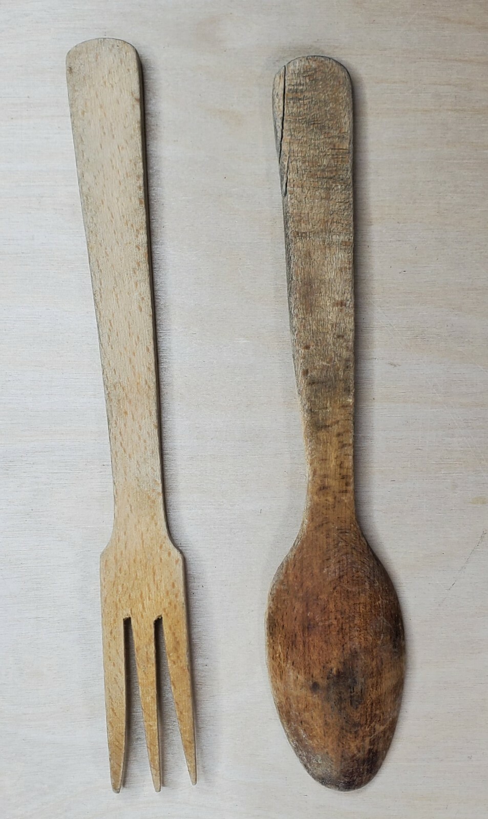 Wood Serving Fork And Spoon 9 7/8” Long Vintage Distressed Promo Ink
