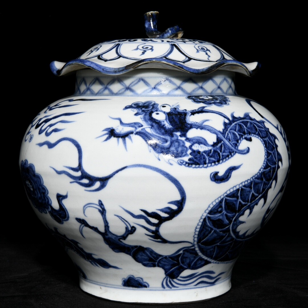 10.2″ Old Antique yuan dynasty Porcelain Blue white cloud Dragon Lotus leaf pot