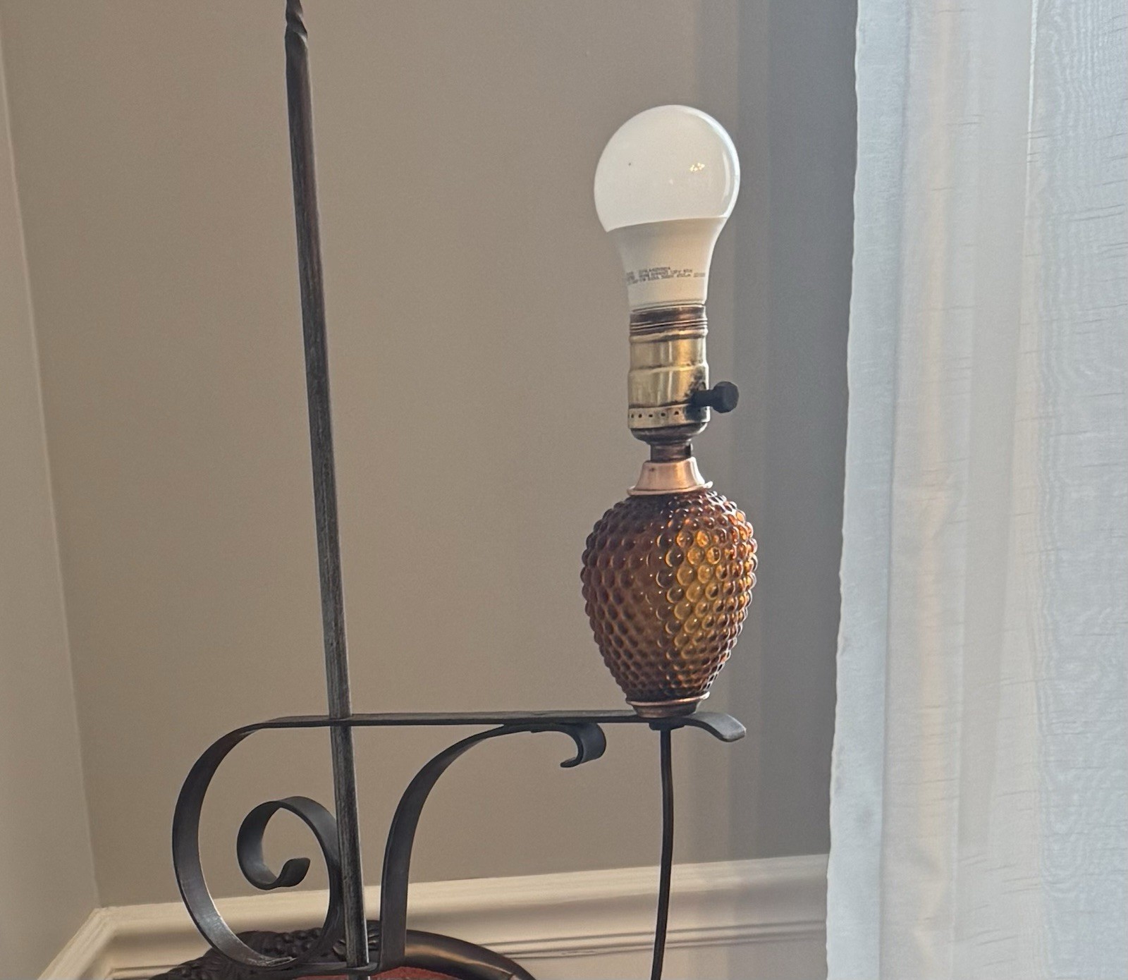 Antique Primitive Wrought Iron & Copper Floor Lamp W/ Amber Hobnail Globe 5’