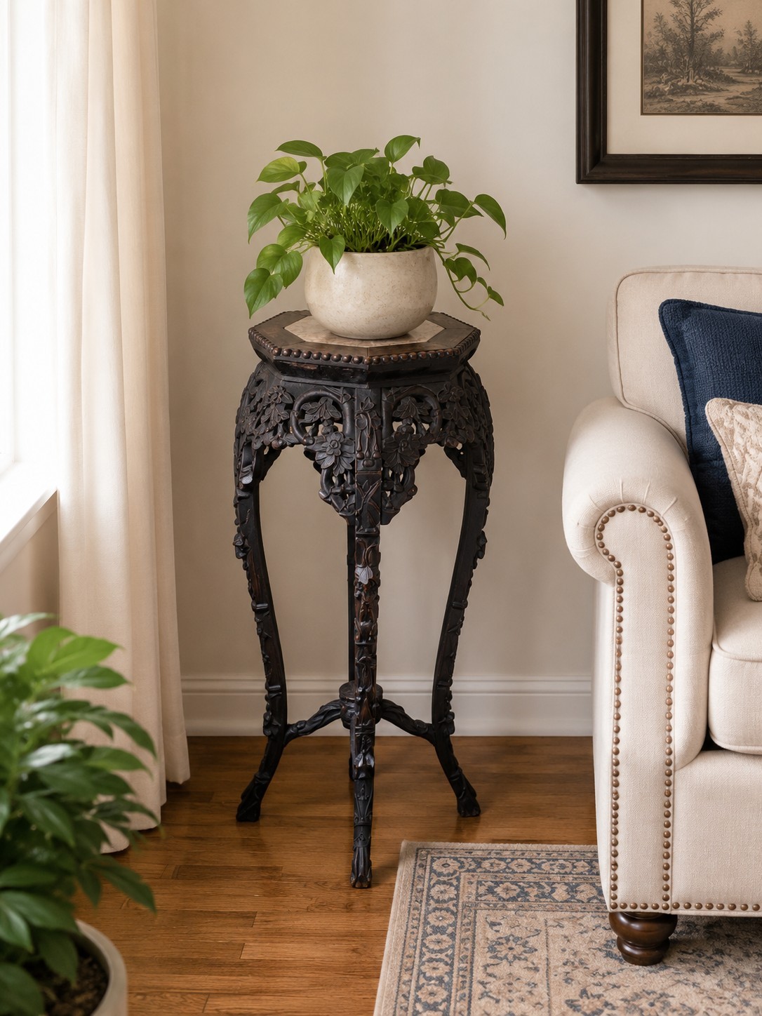 Antique Chinese Carved Hardwood Marble Top Oriental Plant Stand Side Table