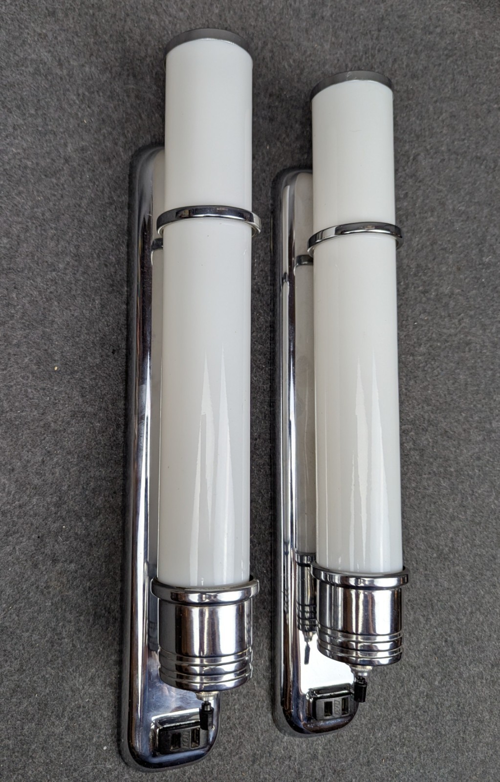 Restored Pair VIRDEN Chrome Bath Sconces & Opal Glass Cylinder Shades, 1930s-50s