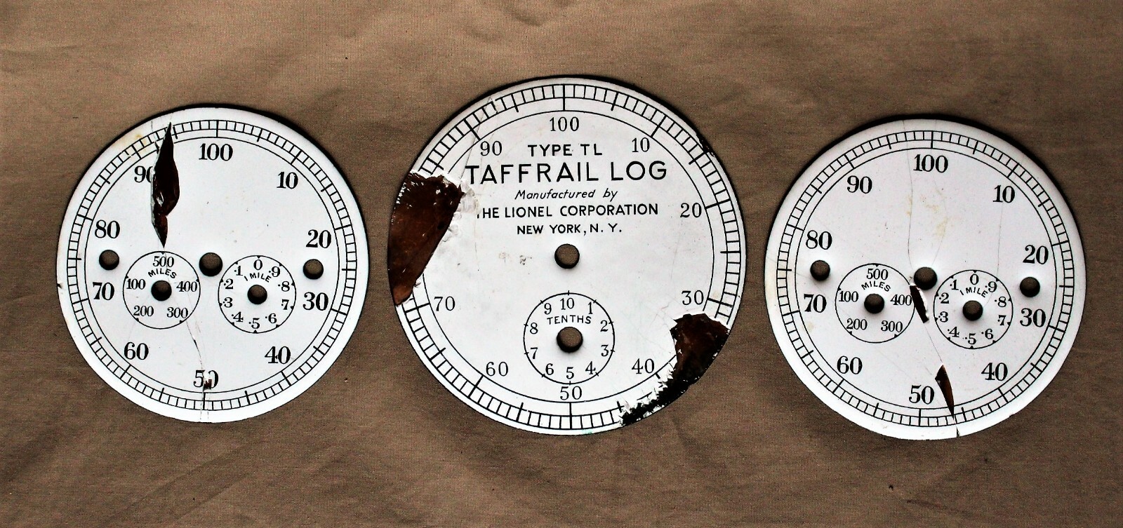 Three Porcelain on Copper Dials from a Lionel Corporation Taffrail Log c. 1940