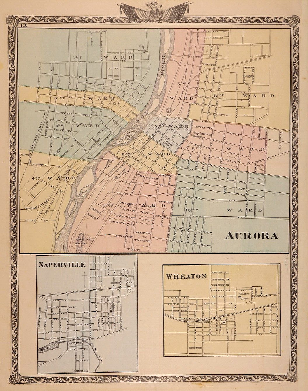 1876 Plat / County Map ~ AURORA, WHEATON, NAPERVILLE, ILLINOIS – (14×17)-#001