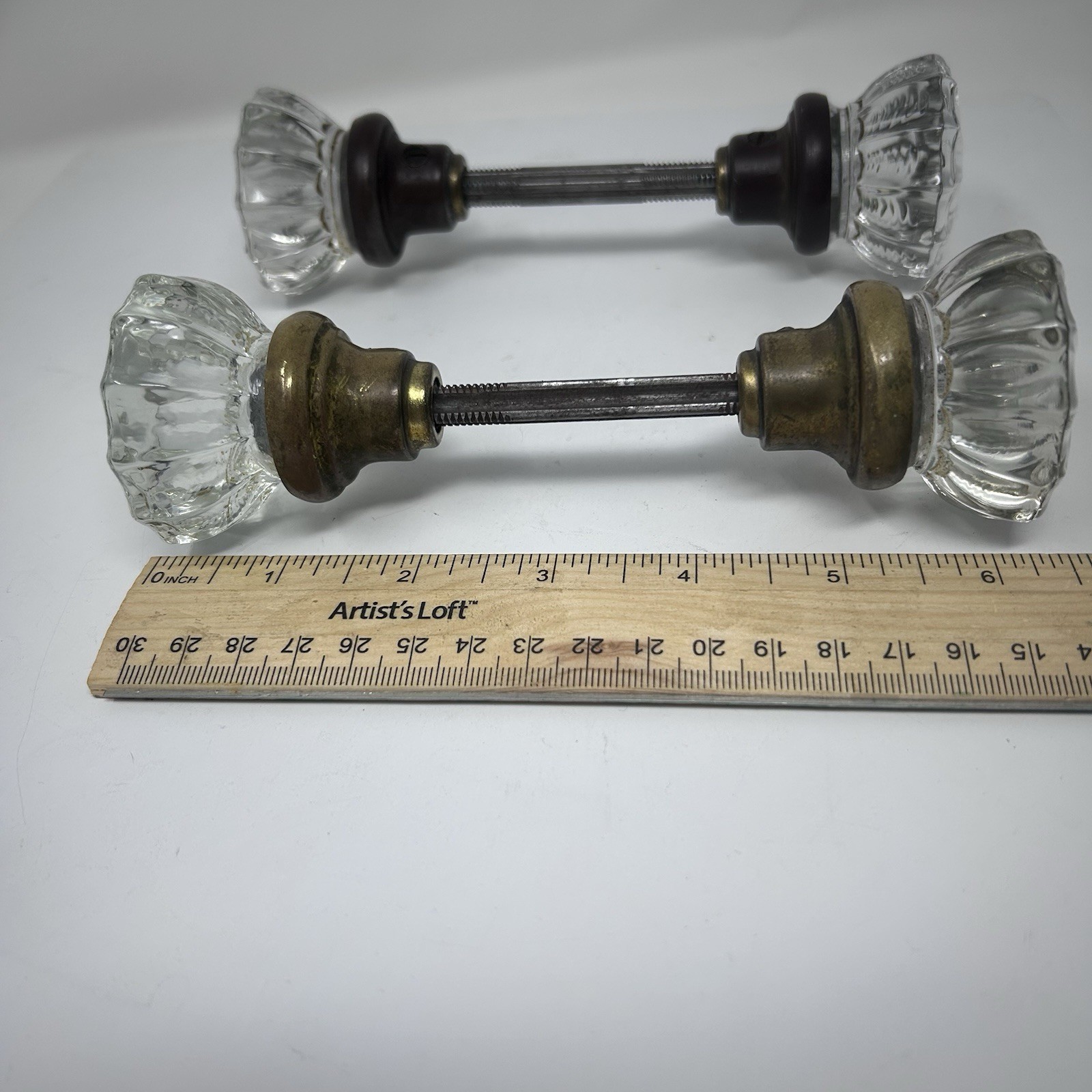 2 Vintage Glass Crystal Door Knobs With Spindle Hardware 12 Point Brass /Bronze
