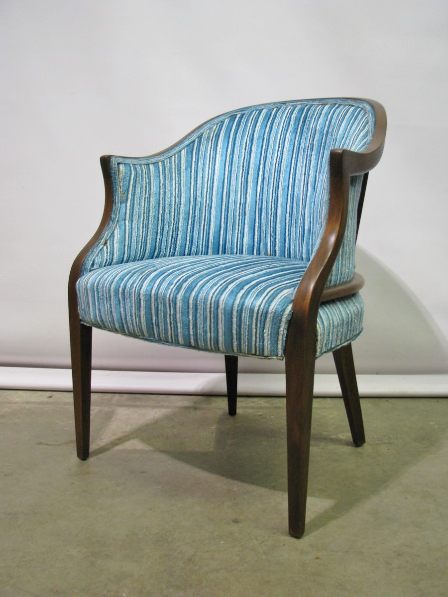 1960’s Mid-Century Tub Walnut Tub Chair; Unique Design + Blue White Upholstery