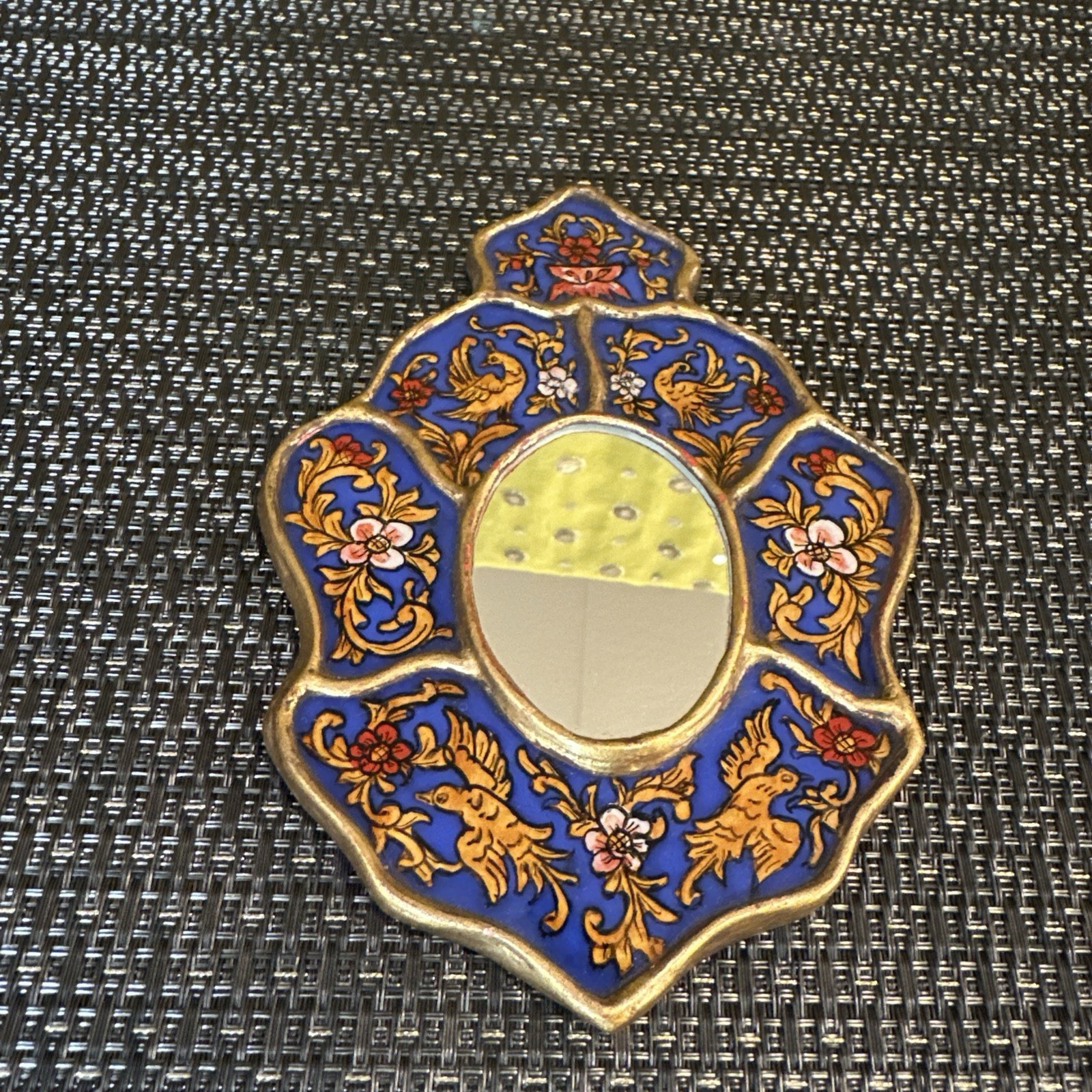 Peruvian Reverse Painted Wall Mirror Blue Gold Birds Floral Folk Art MCM 7”x5”