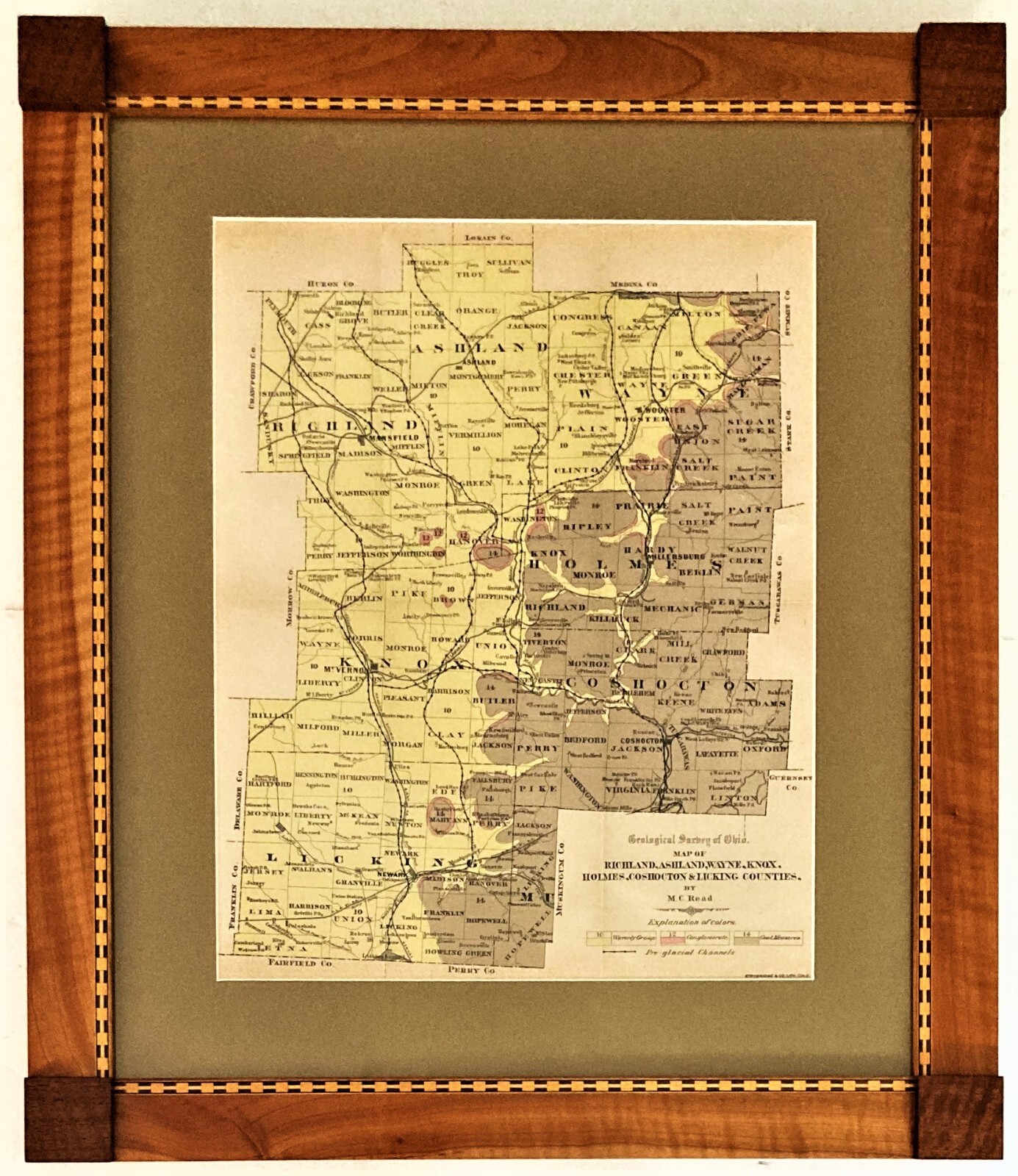 BEAUTIFULLY FRAMED 1878 GEOLOGICAL SURVEY MAP OF 7 CENTRAL OHIO COUNTIES