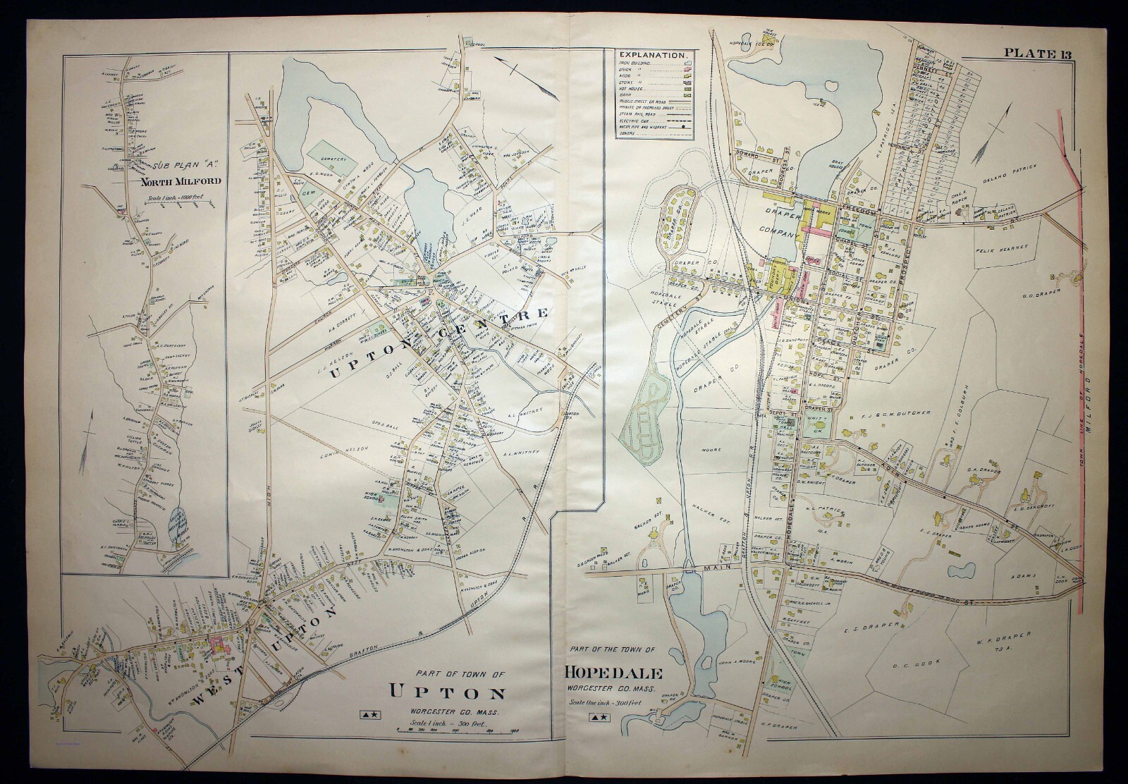Hopedale part Upton Centre West Upton Map 1898 Worcester County Massachusetts