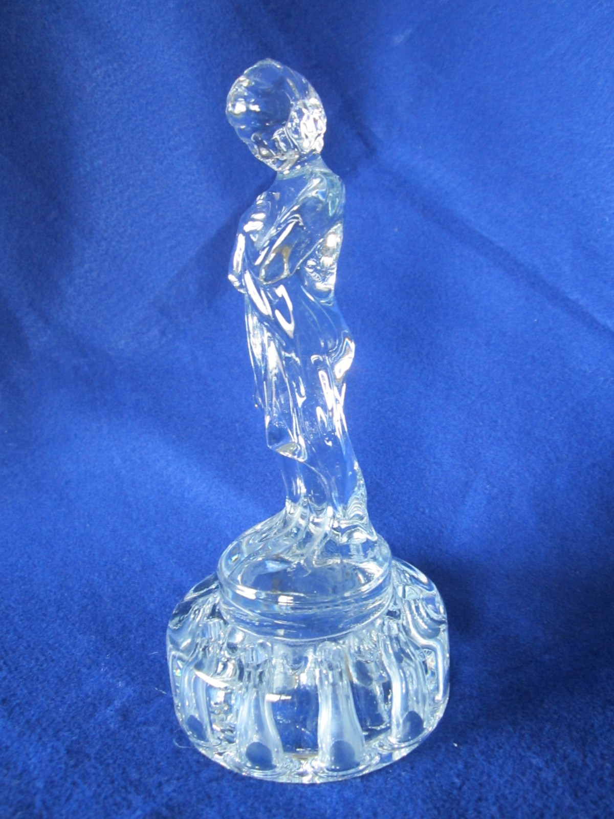 1930’s CAMBRIDGE ART GLASS “BASHFUL CHARLOTTE” DRAPED NUDE CRYSTAL FLOWER FROG