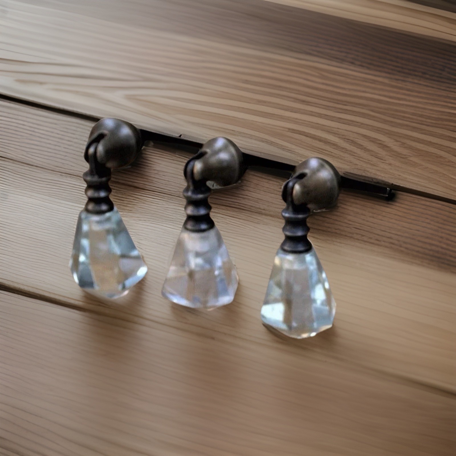 3 Metal Victorian Teardrop Crystal Knobs Vintage Brass Clear Glass Handle Pulls