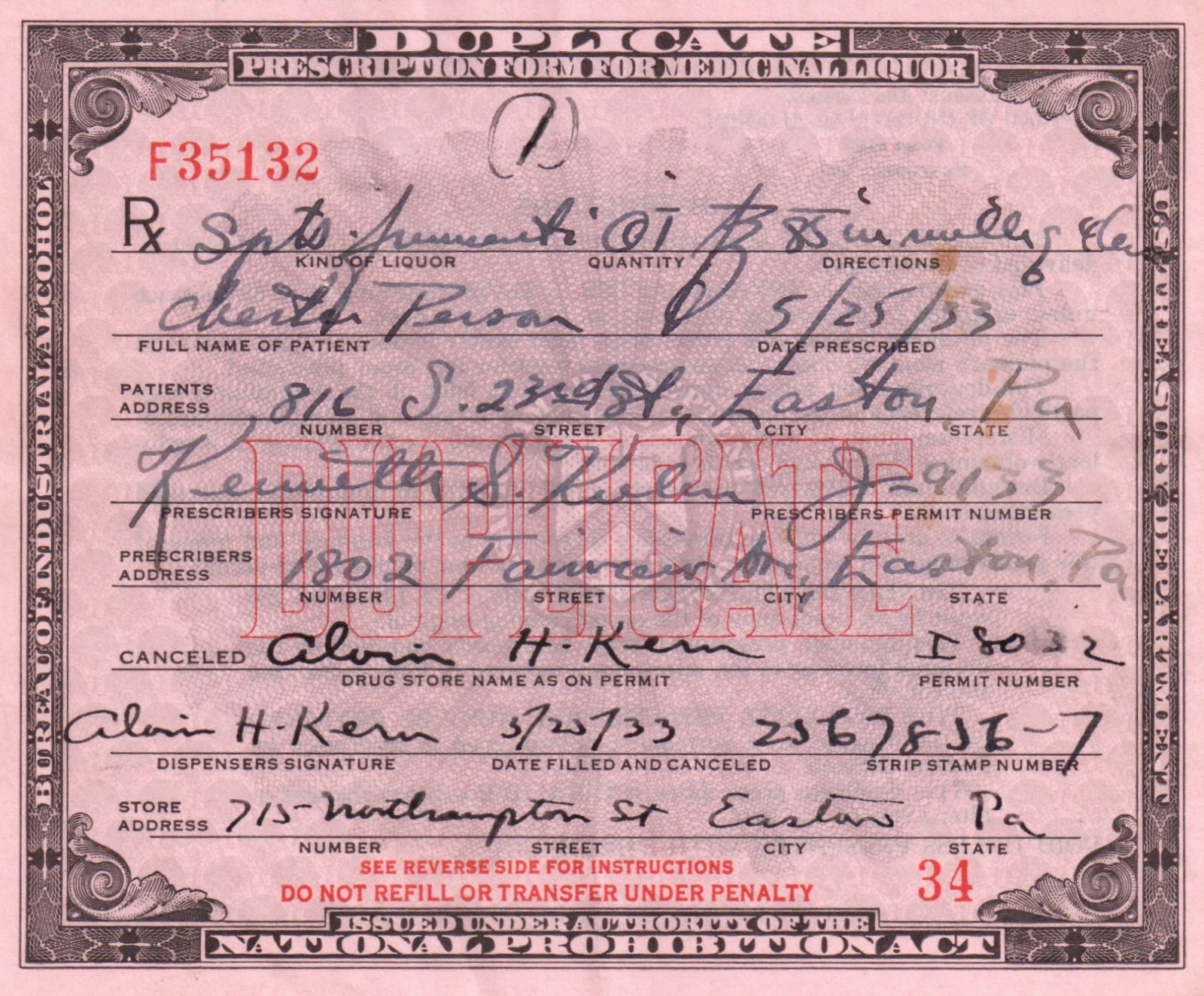 Antique 1933 Prohibition Whiskey Milk Prescription Doctor Pharmacy Bar Easton PA
