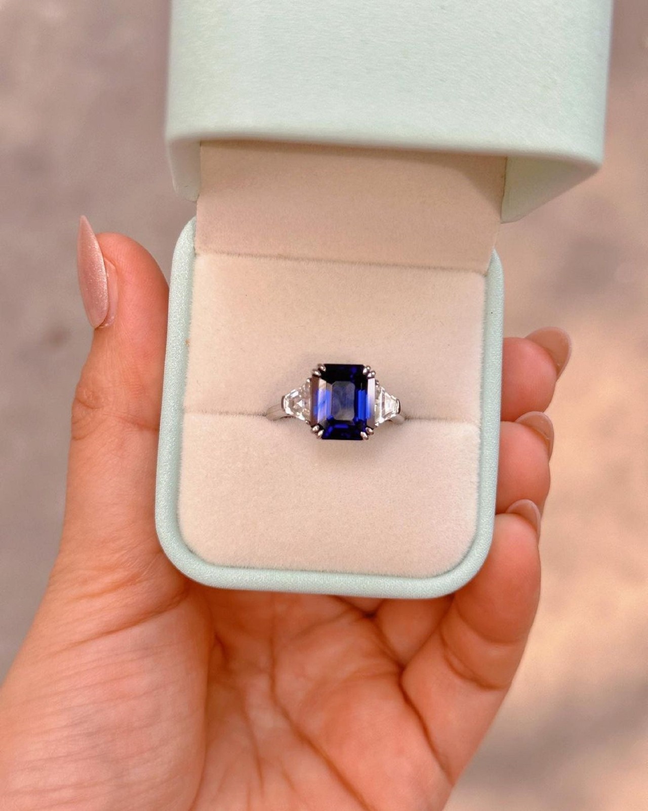 3 Ct Blue Emerald Cut Lab Created Three Stone Engagement Ring For Women