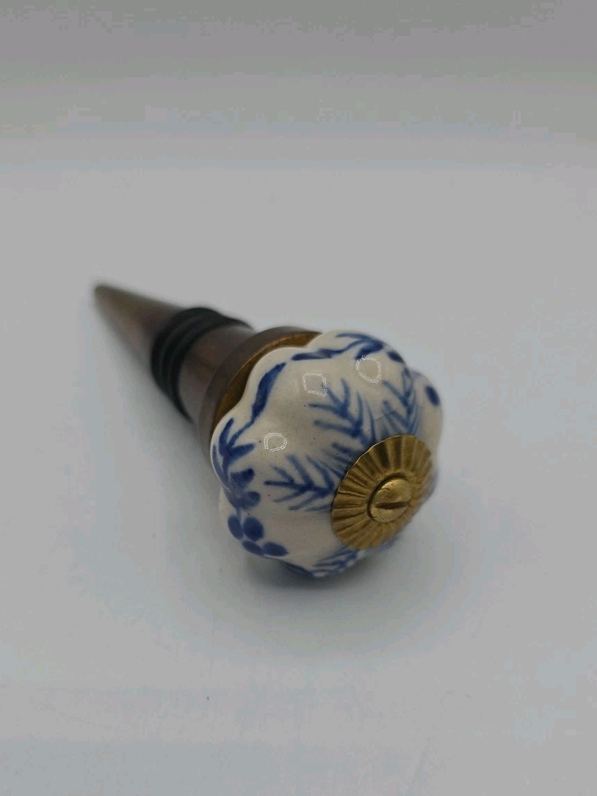 Vintage Brass and Porcelain Bottle Stopper Blue White Floral Decorative Barware