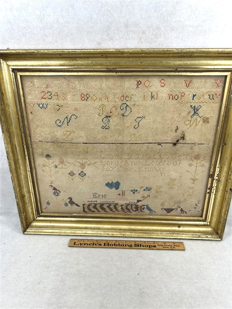 antique lemon gold frame sampler Christian & steam boat Erie 22x19x2 mid 1800s