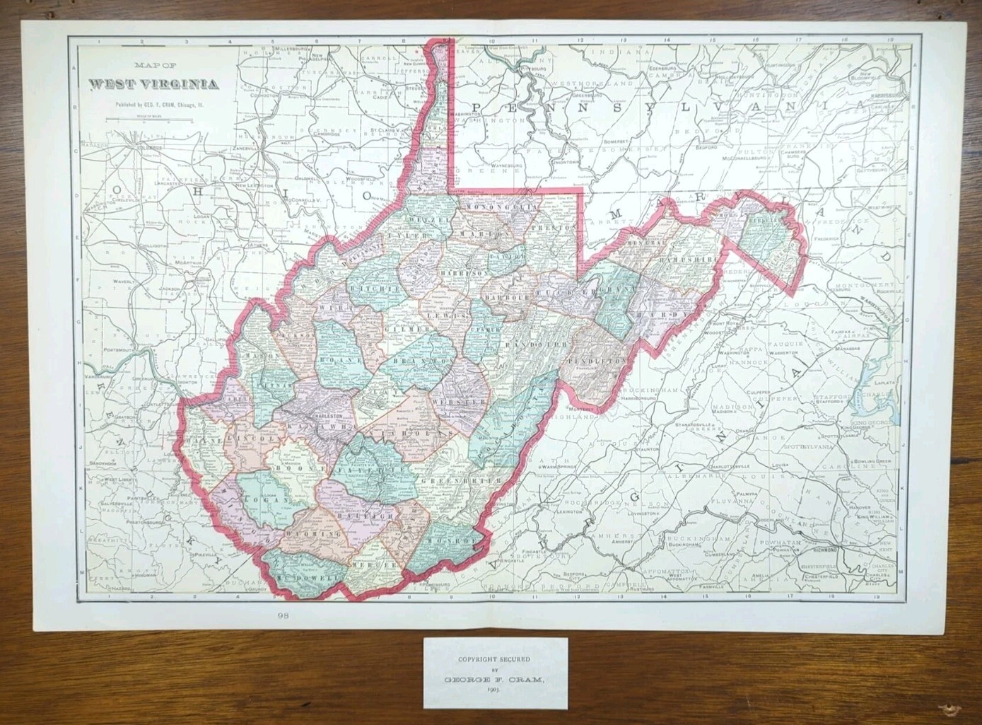 Vintage 1903 WEST VIRGINIA Map 22″x14″ Old Antique Original CHARLESTON SUTTON WV