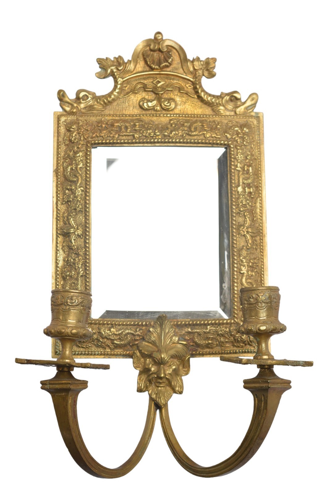 Antique Bronze Louis XVI Gilded Mirror 2-Arm Candle Holder With Myth Face Figure