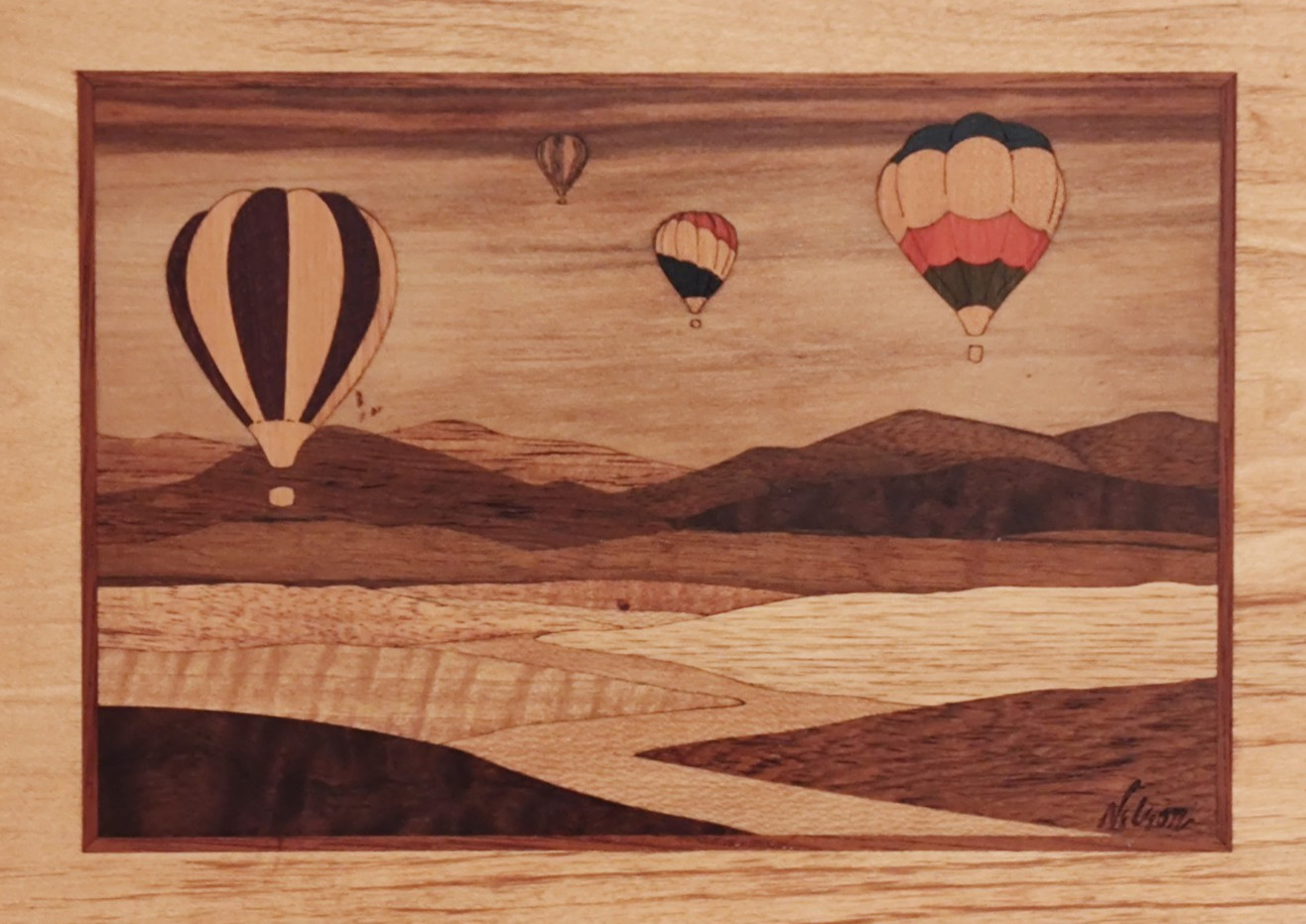HUDSON RIVER INLAY PICTURE – BALLOONS “HOT AIR” – WOOD MARQUETRY by NELSON 10X13