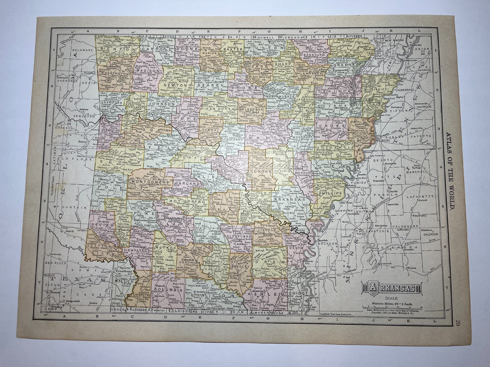 1910 “Full Color” ARKANSAS State Map fm 1911 New Census Atlas SEE DESCRIP