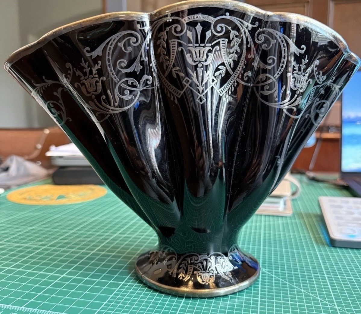 1930’s Art Deco Black Porcelain Sterling Silver Vase! (10 IN W 8 IN H 4 IN W)
