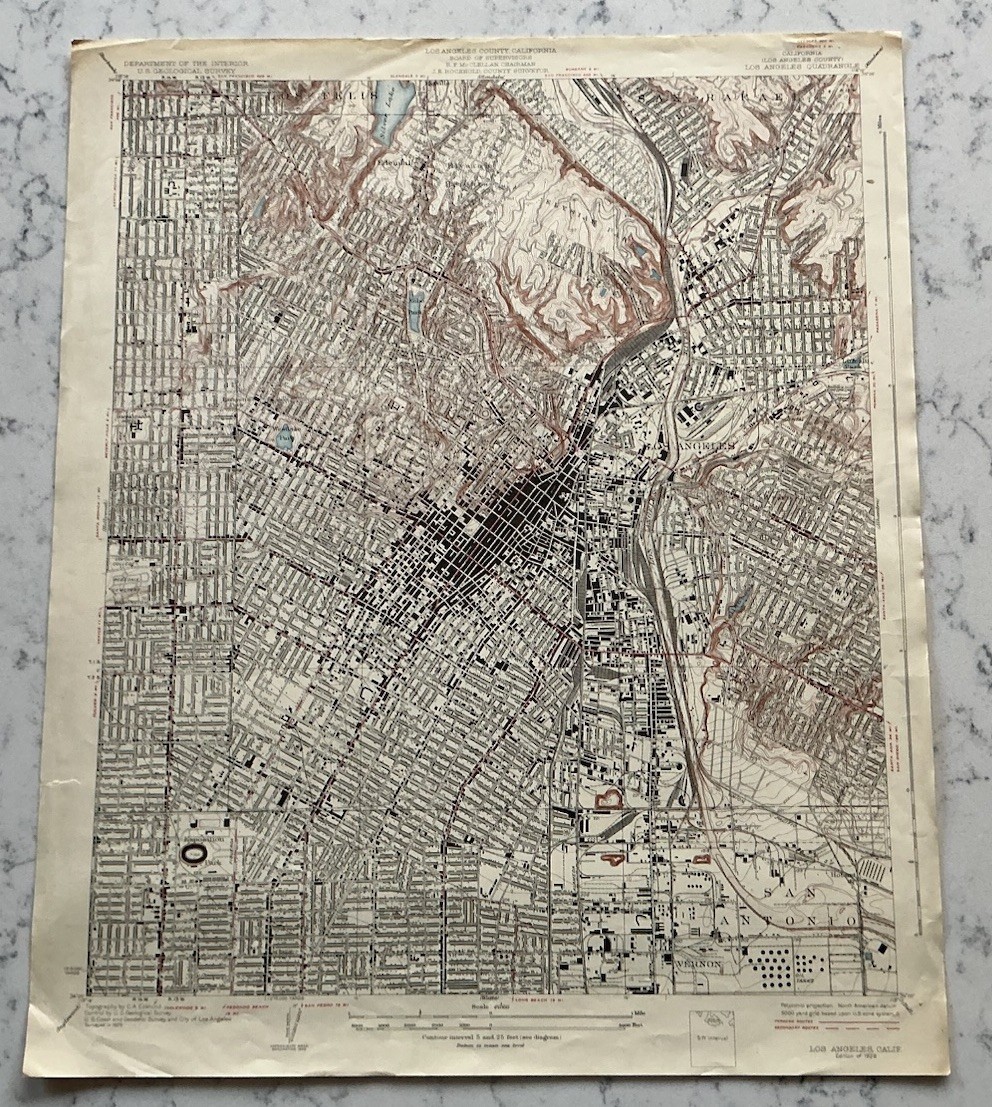 ANTIQUE LOS ANGELES CALIFORNIA GEOLOGICAL SURVEY TOPOGRAPHICAL MAP 1928 USGS