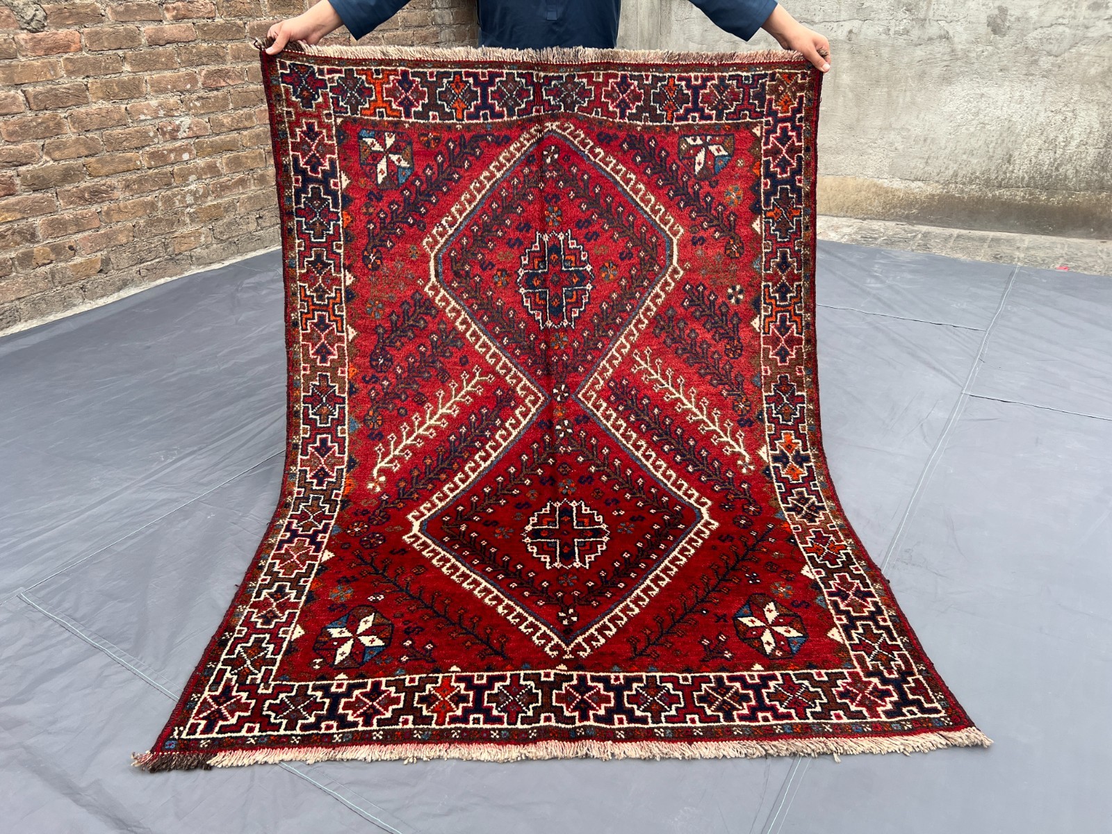 4’1×5’7ft Caucasian Tribal Double Diamond Medallion Handknotted Wool Vintage Rug