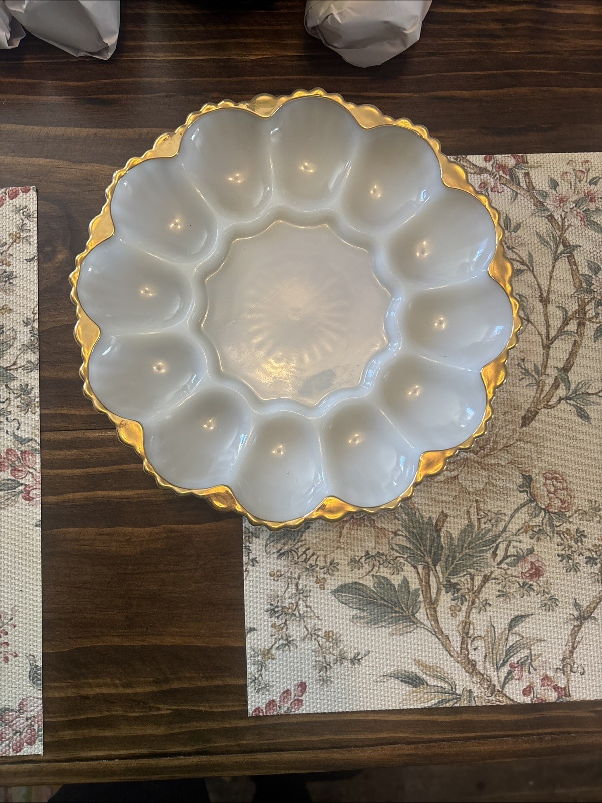 Deviled Egg/Oyster Dish Milk Glass White Glass with Gold Edge Vintage