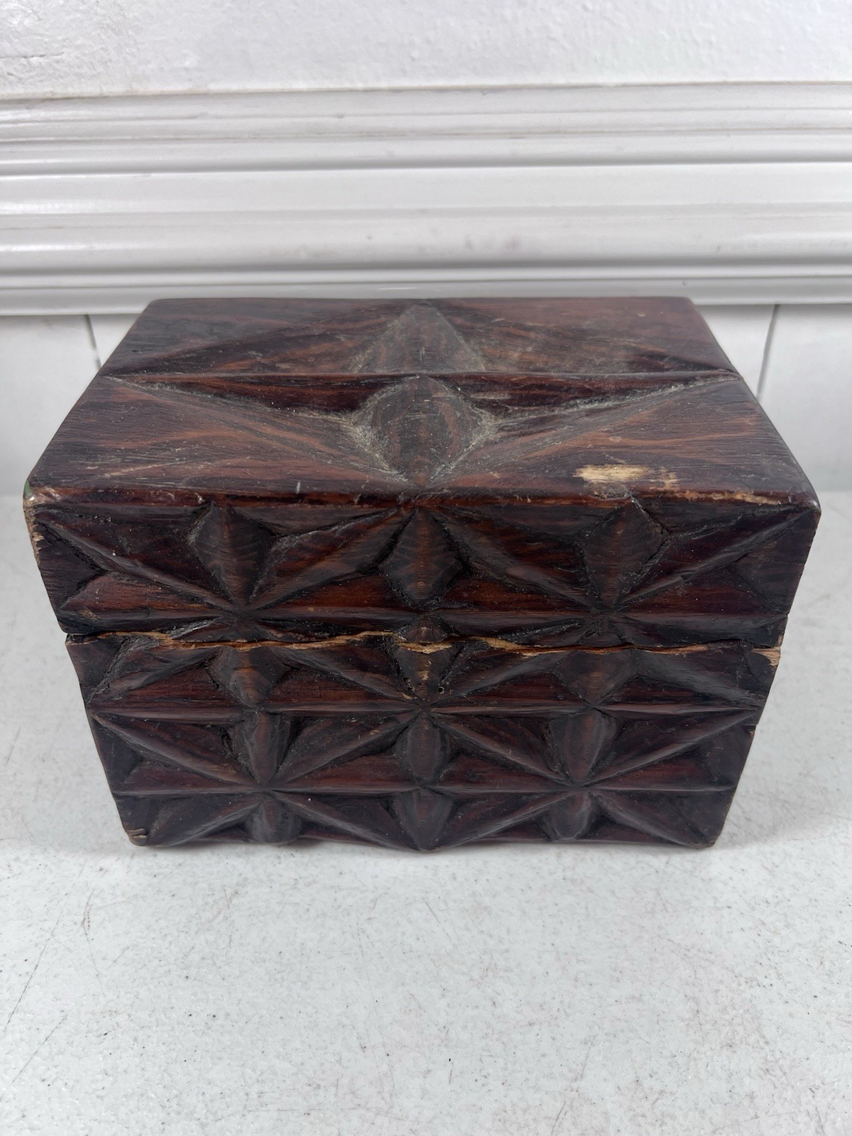 Vintage Hand Carved Wooden Trinket Box Geometric Star Design Rustic Folk Art 8”