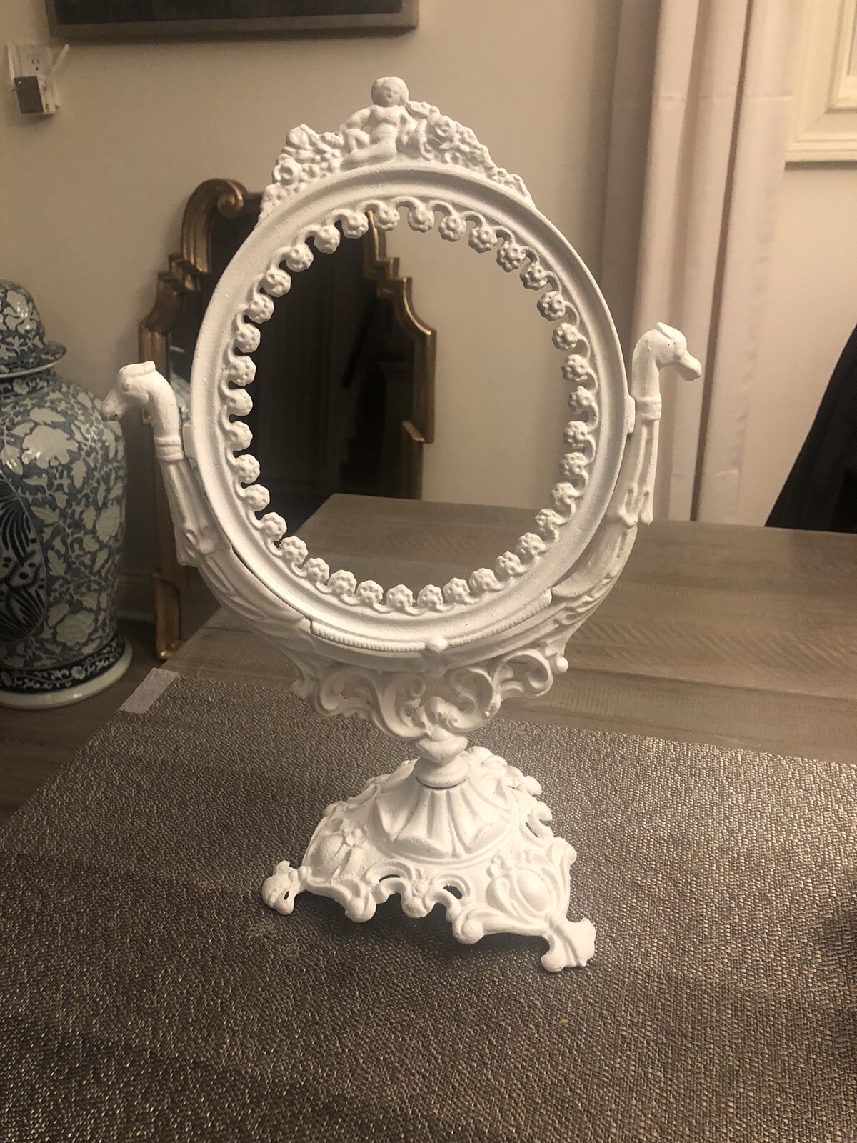 Antique Vanity Frame Stand Cast Iron Swivel Victorian Heavy White Iron Art JM9