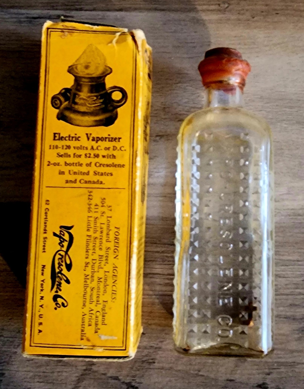 Antique Vapo-Cresolene Vaporizer Box And Empty Bottle With Cap