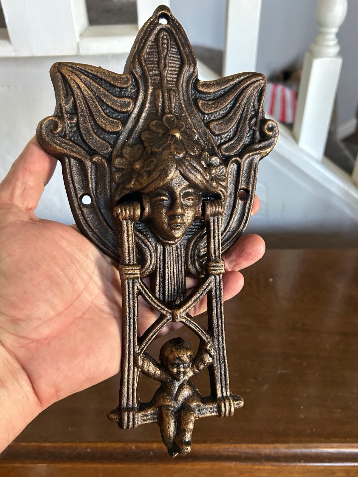 Art Nouveau Cast Iron Door Knocker – Vintage Female Mask & Cherub on Swing
