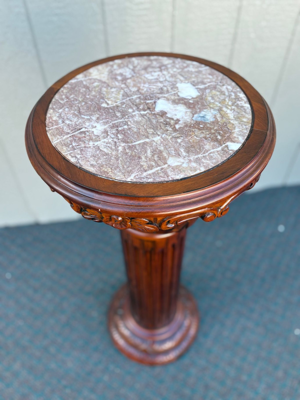 67416 Marble Top Decorative Pedestal with Carved Mahogany Column