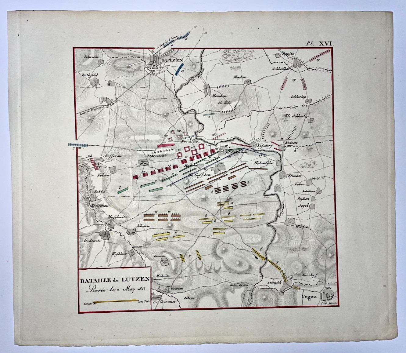 LUTZEN BATTLE NAPOLEON c. 1834 ANONYMOUS DETAILED ANTIQUE MAP