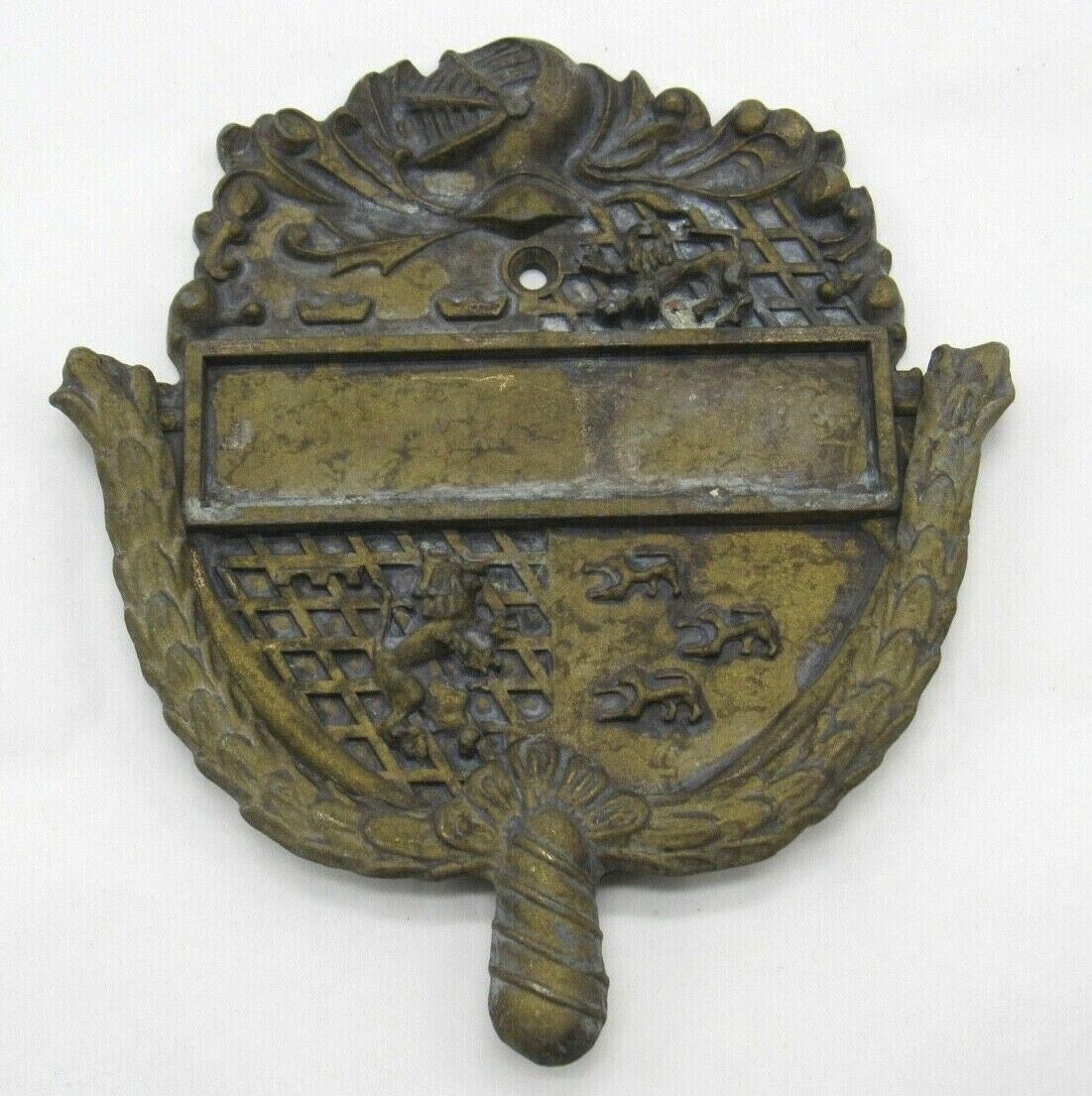 Vintage BRASS DOOR KNOCKER Coat-of-Arms, Knight, Lions Rustic Bronze Metal