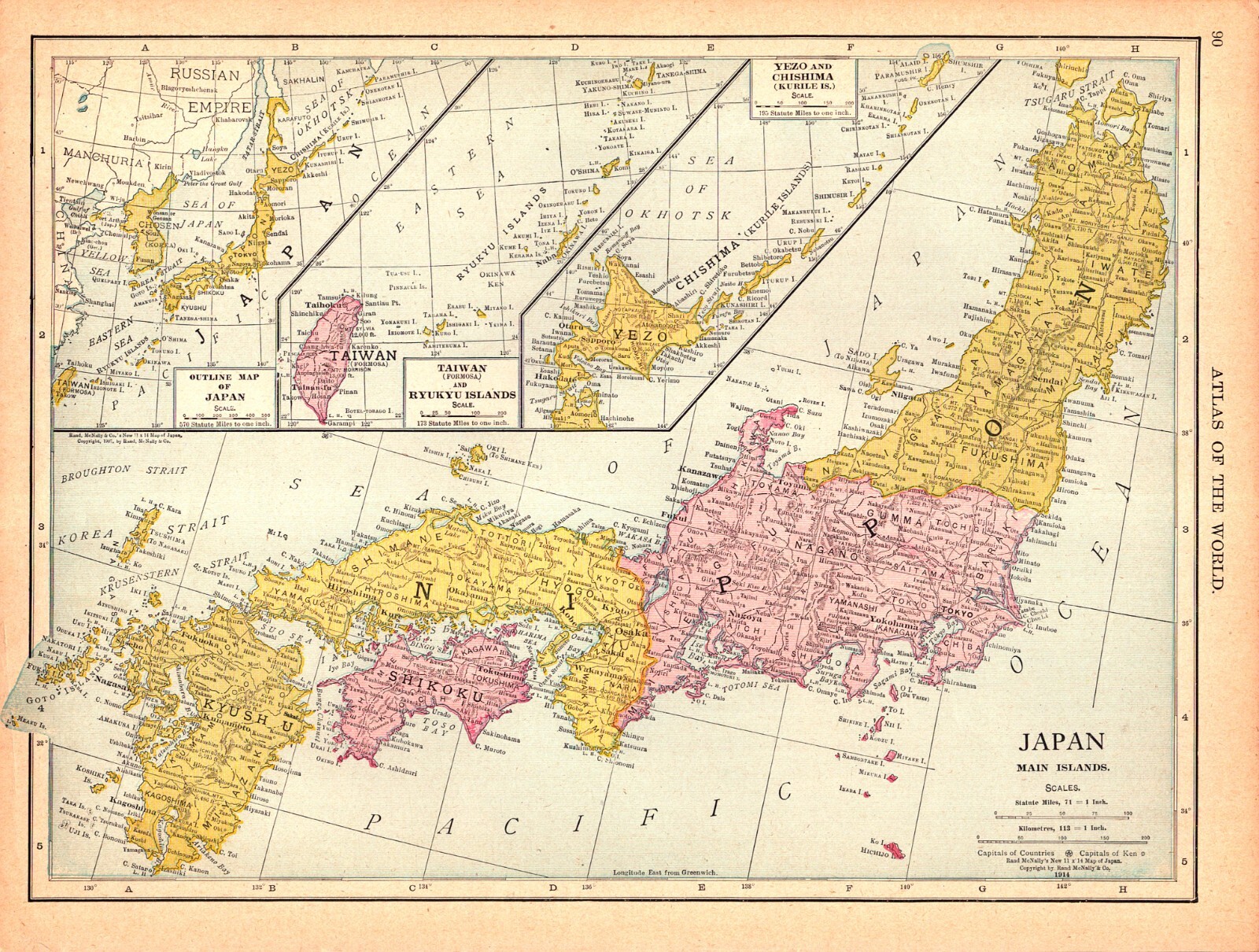 JAPAN, MAIN ISLANDS- CHINA, SIAM, INDO-CHINA Antique Original Map 1915