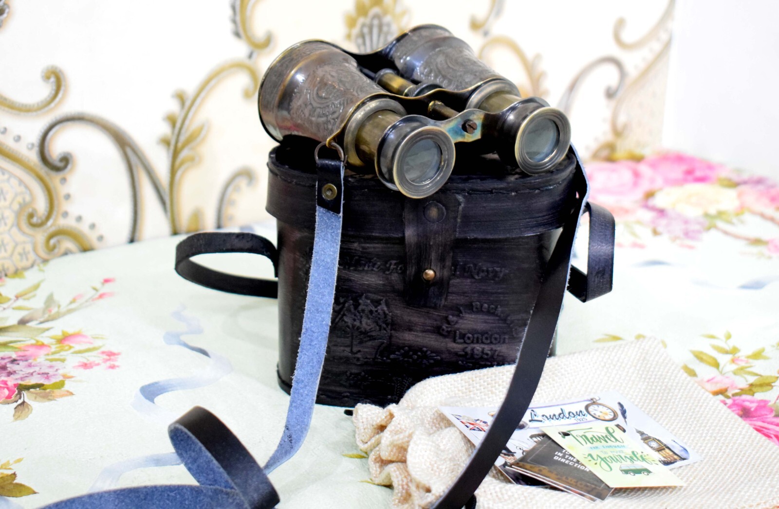 Victorian Handcrafted Brass Binoculars w/Floral Leather Case Glass – London 1857