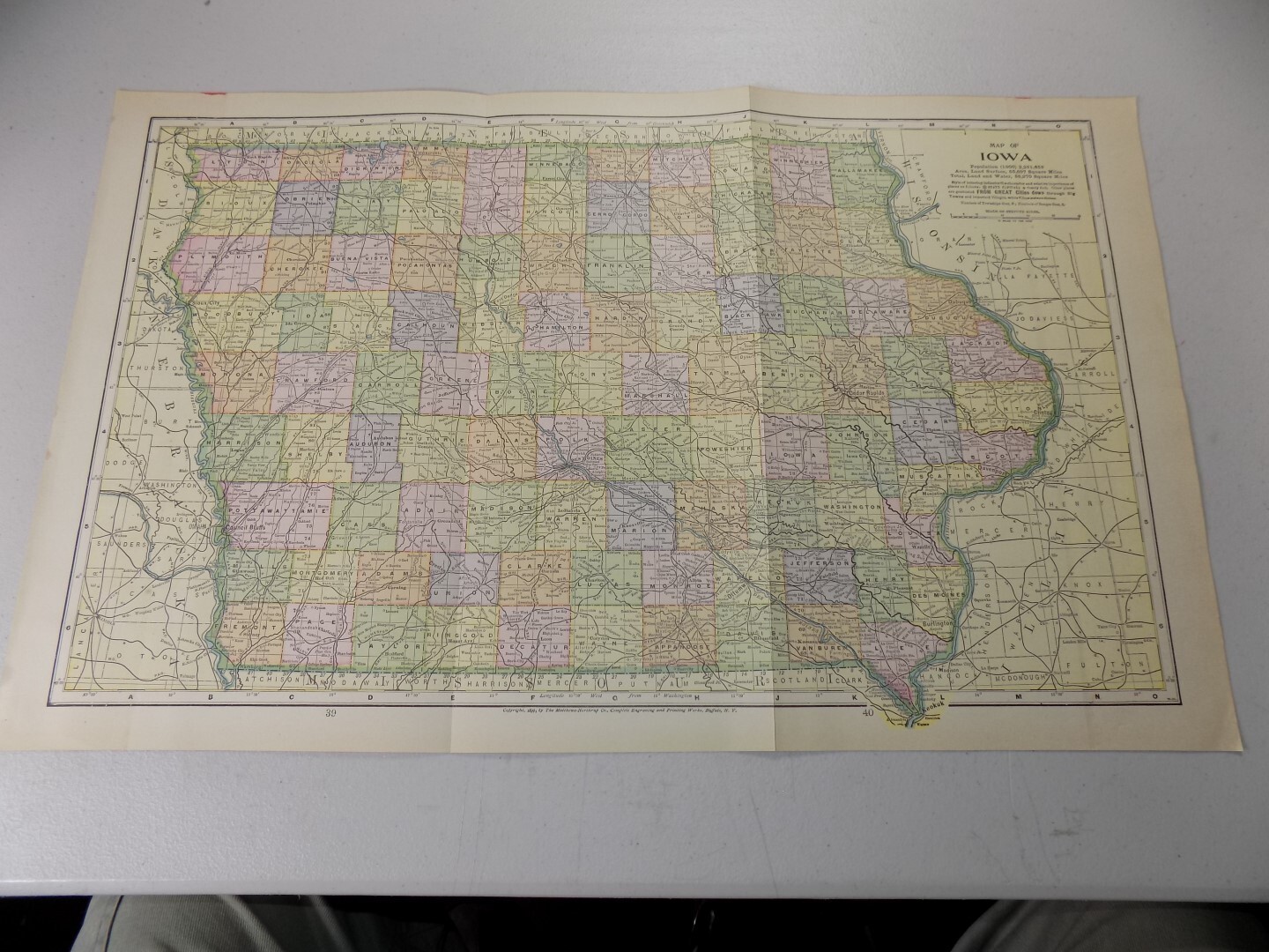 1899 Matthews-Northrup Map of IOWA, backed with NEBRASKA