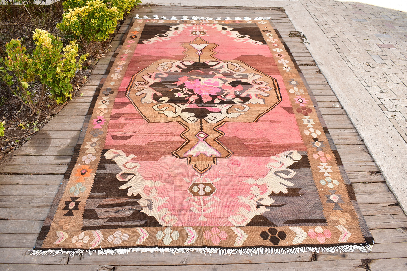 Turkish Kilim 70”x320″ Handwoven Kars Kilim 180x320cm Pink Natural Wool Rug