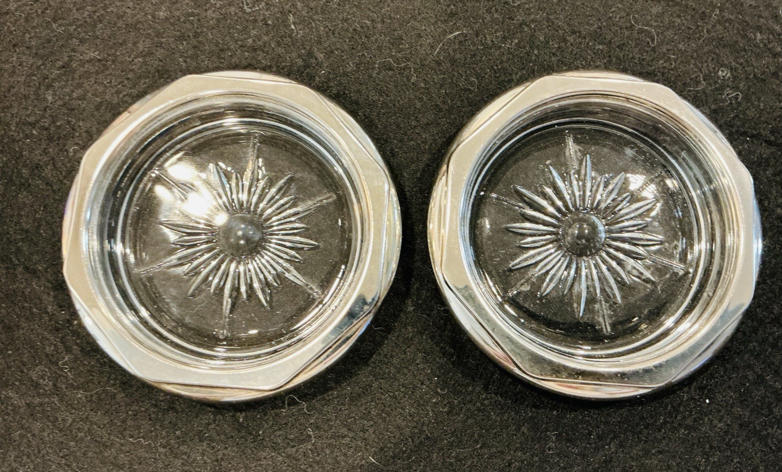 Vintage Octagonal Starburst Silver plate And Glass Coasters Set Of 2