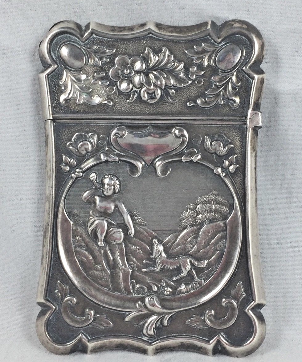 Great Gorham Coin Silver Figural Cherub & Dog Card Case- 3 3/8″ x 2 1/8″ -Mono’d