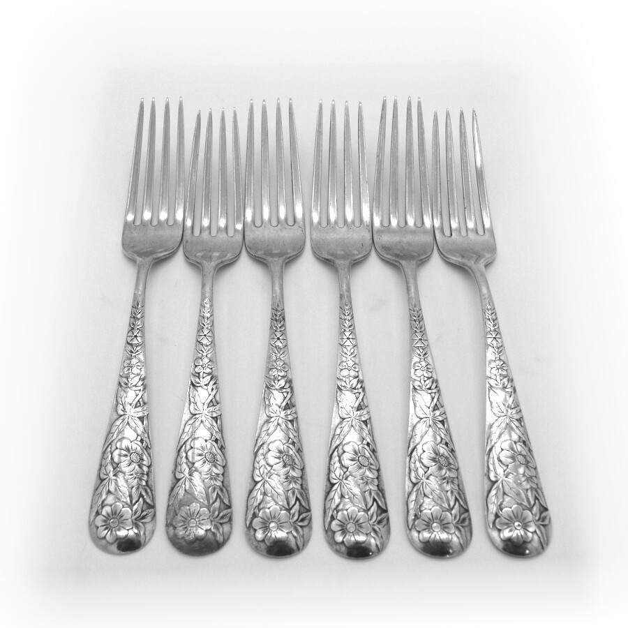 Rare 6 Dinner Forks Set Acid Etched Designs Duhme Sterling Silver Mono EMB