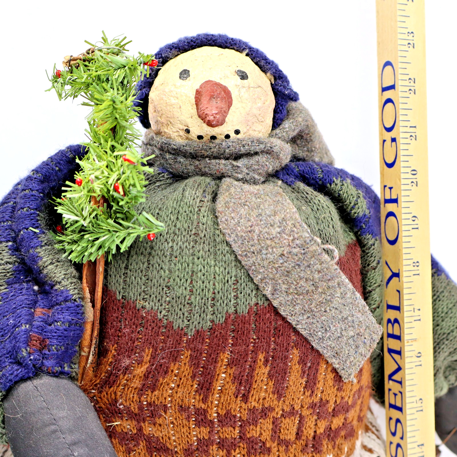 Vtg artist Snowman doll Xmas Folk Art Shelf Sitter prim OOAK April Cummins 23″
