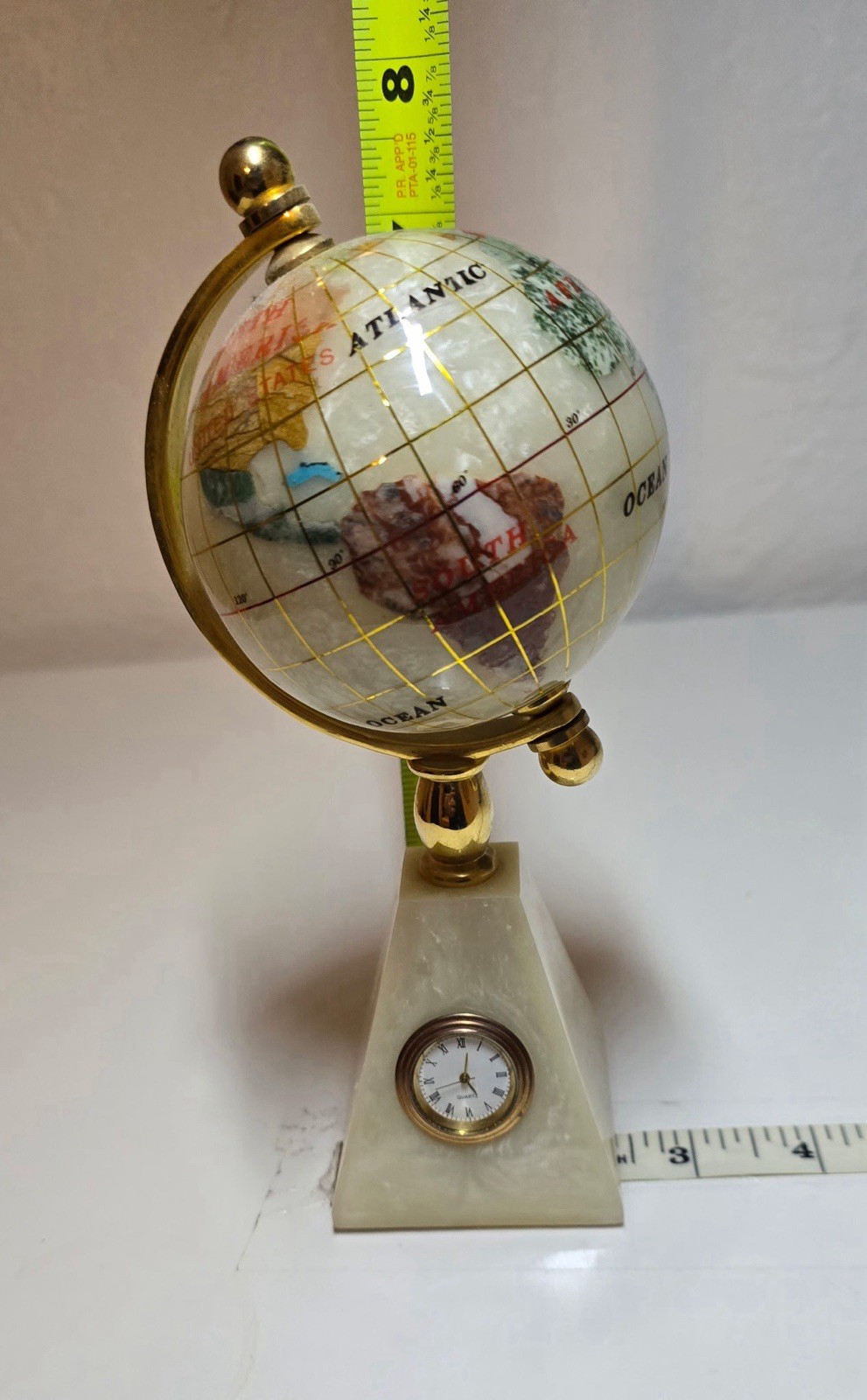 Spinning Desk Top Globe Artificial Pearl Brass Trim 8” Beautiful Academia