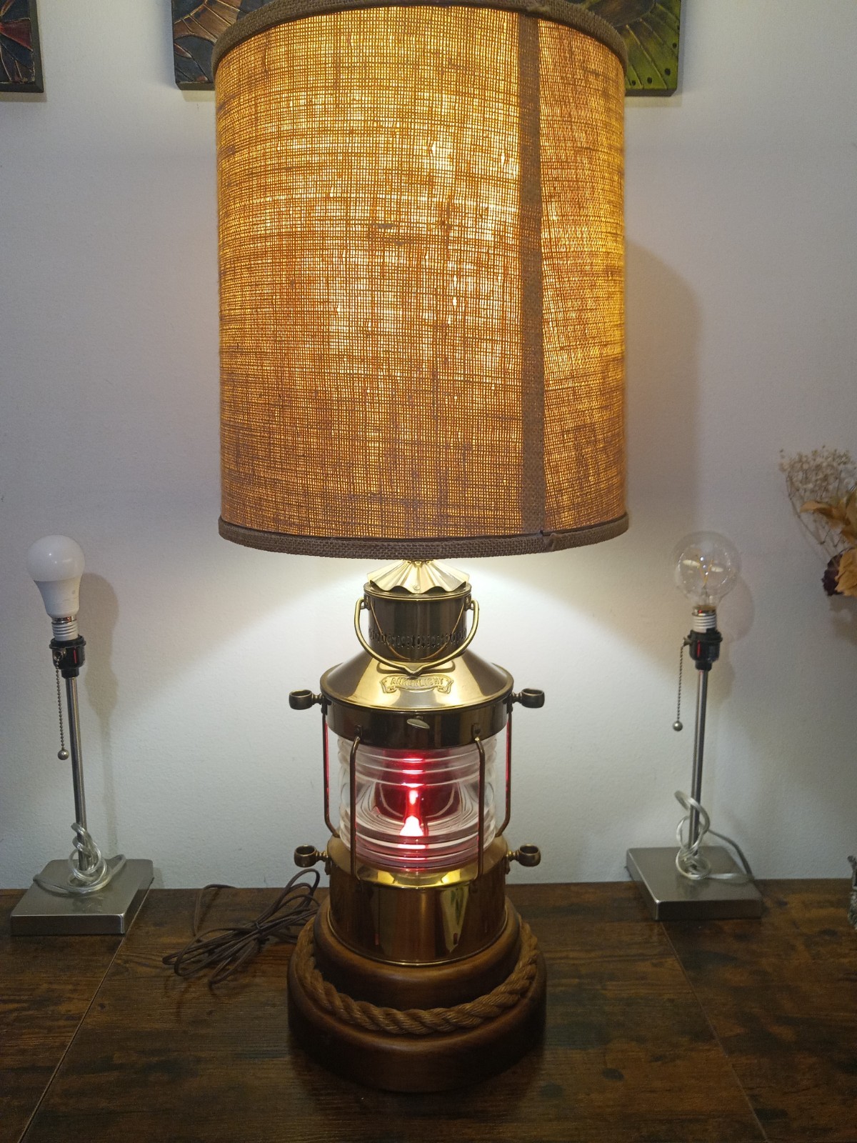 Vintage Brass Anchor (Ankerlicht) Lantern Repurposed Nautical Table Lamp W/Shade
