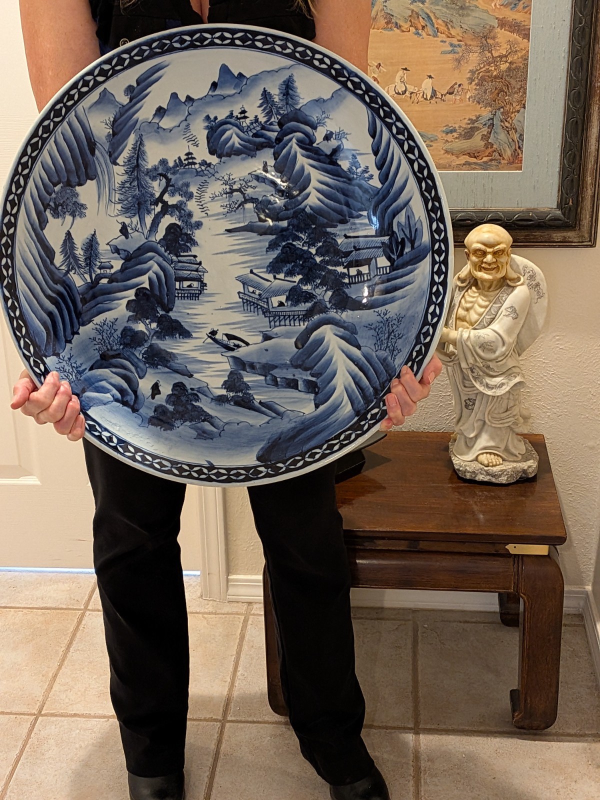21 inch (53cm) vintage Japanese platter with Sometsuke blue and white glaze