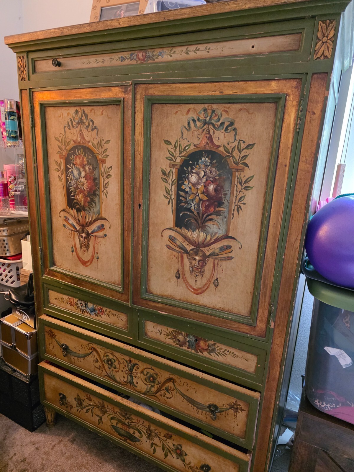 Antique Italian Hand-Painted Armoire Cabinet – Tole Floral Panels, Neoclassical