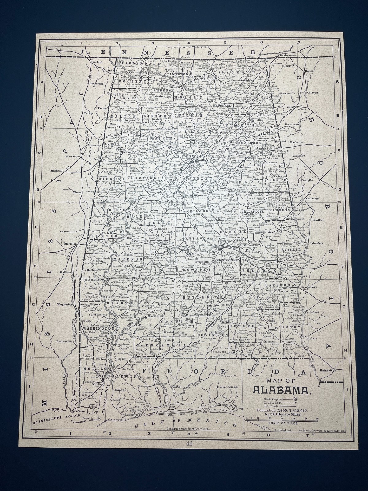 RARE 1894 B&W ALABAMA State Map Mounted on Acid-Free Card Stock SEE DESCRIPTION