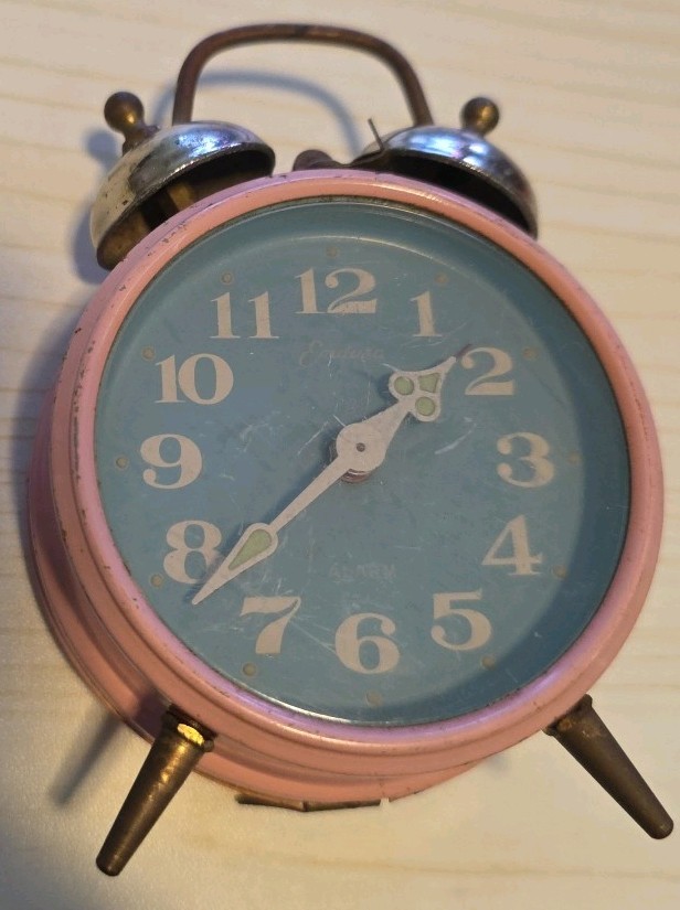Miniature Antique Twin Bell Alarm Clock For Parts or Repair In Pink Case – Japan