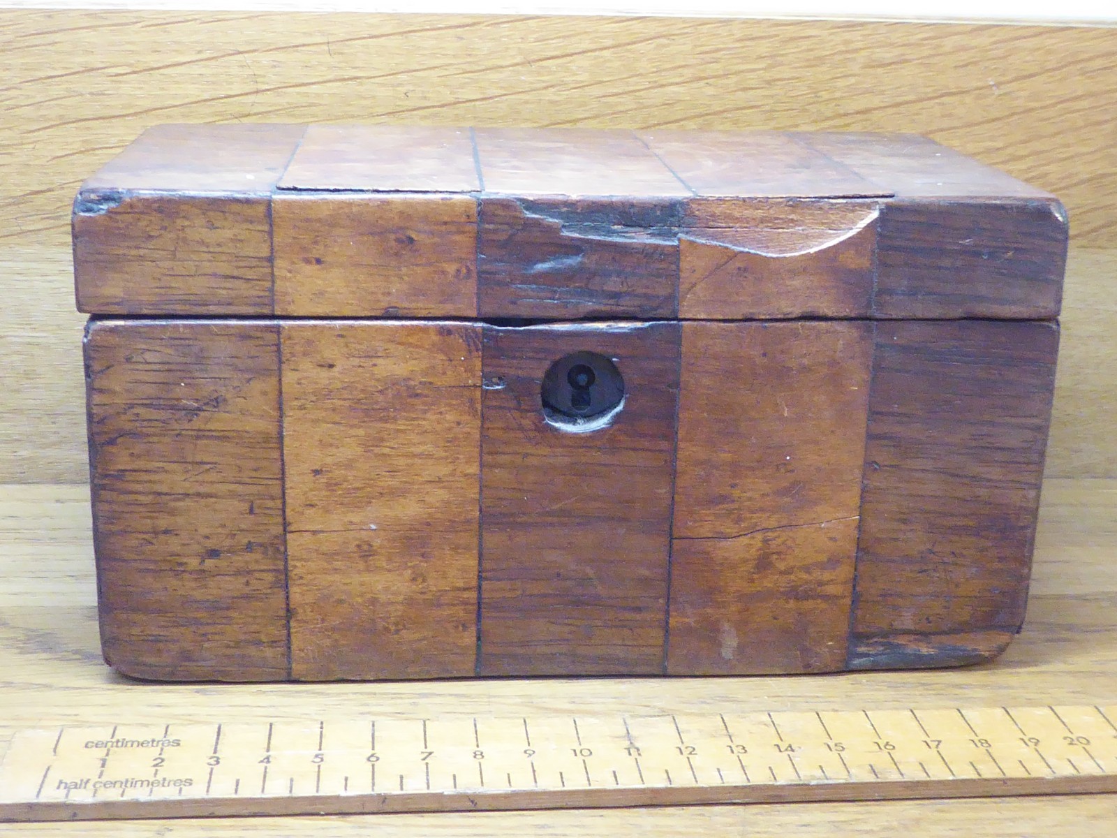 Antique Tea Caddy . Rectangular box with striped blocks of Veneer.2 compartments